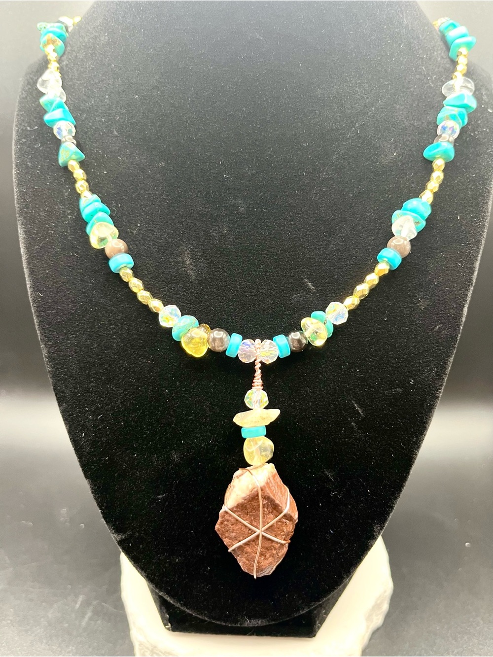 Handcrafted Turquoise & Brown Stone Pendant Necklace